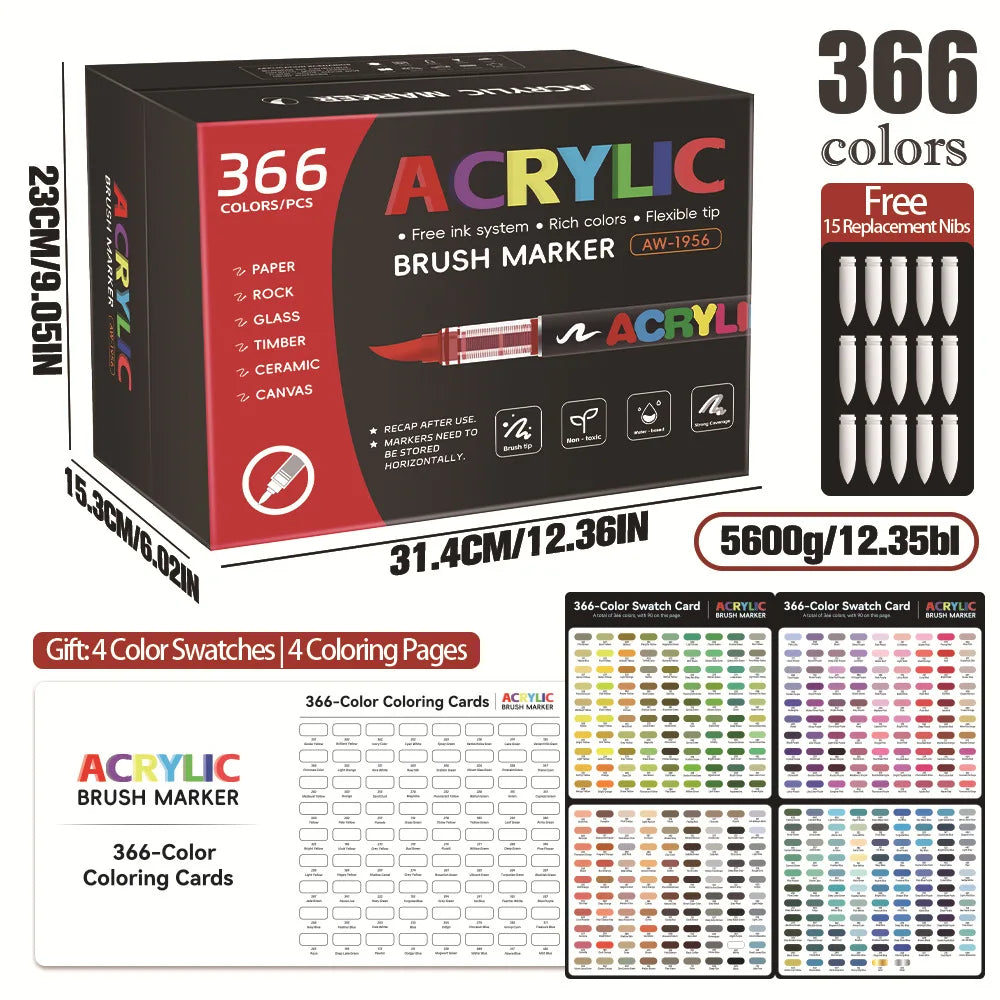 320/366Colors Acrylic Markers Brush Pens for Fabric Rock Painting Pen Stone Ceramic Wood DIY Card Making Art Supplies