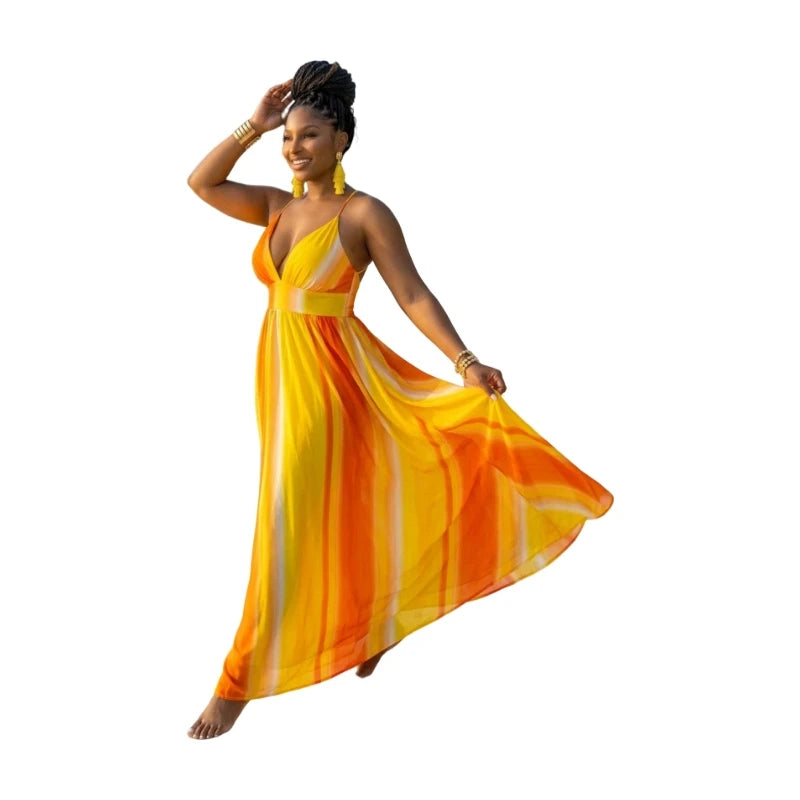 Women Plus Size Deep V Neck Spaghetti Strap Gradient Print Maxi Dress Elegant Sleeveless A Line Long Dress For Beach Vacation Party Occasion