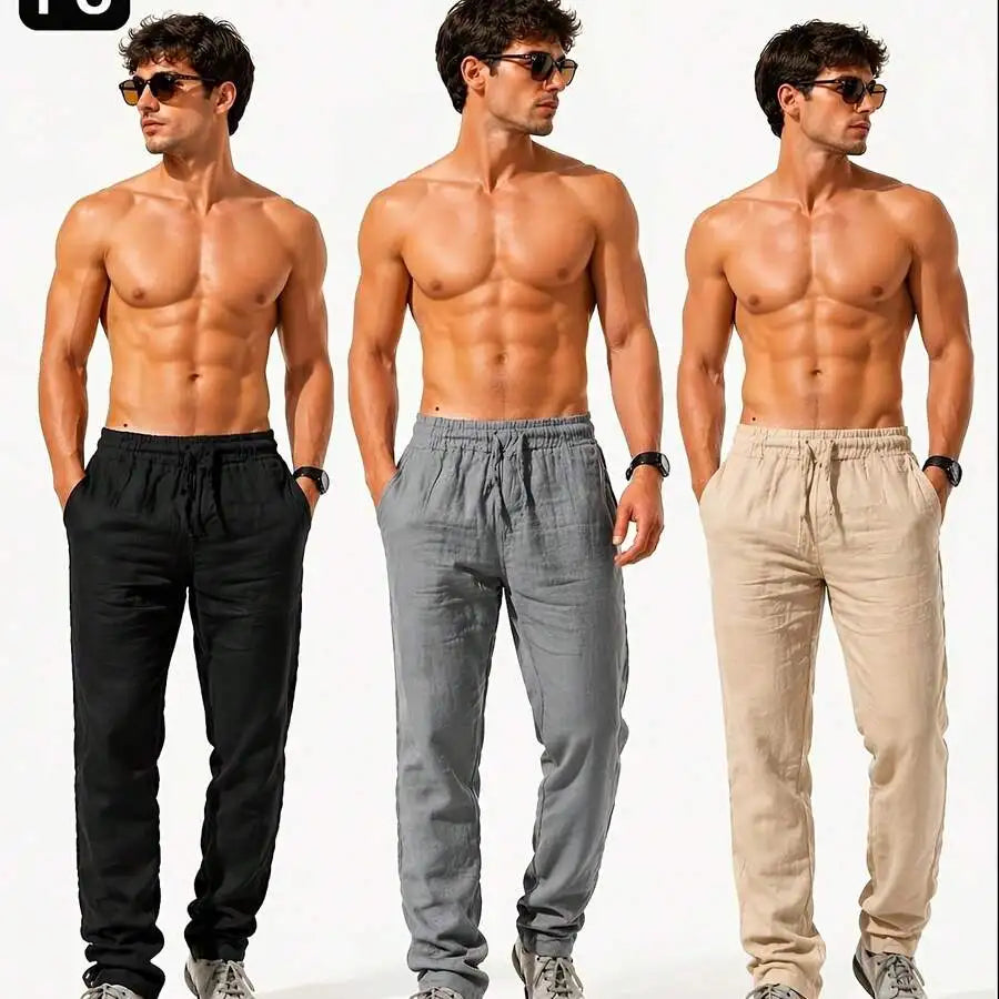3pcs Men'S Casual Summer Pants, Lightweight Breathable Drawstring Trousers, Loose Fit Solid Color Pants For Daily Wear
