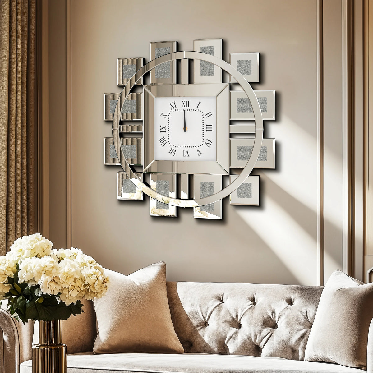 Clock With Crushed Diamond And Beveled Mirror Edge Wall Decor