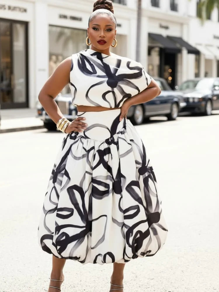 Plus Size Asymmetrical Neck Sleeveless Crop Top + High Waist Bubble Midi Skirt Matching Set
