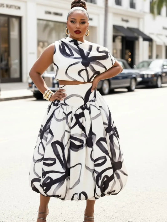 Plus Size Asymmetrical Neck Sleeveless Crop Top + High Waist Bubble Midi Skirt Matching Set