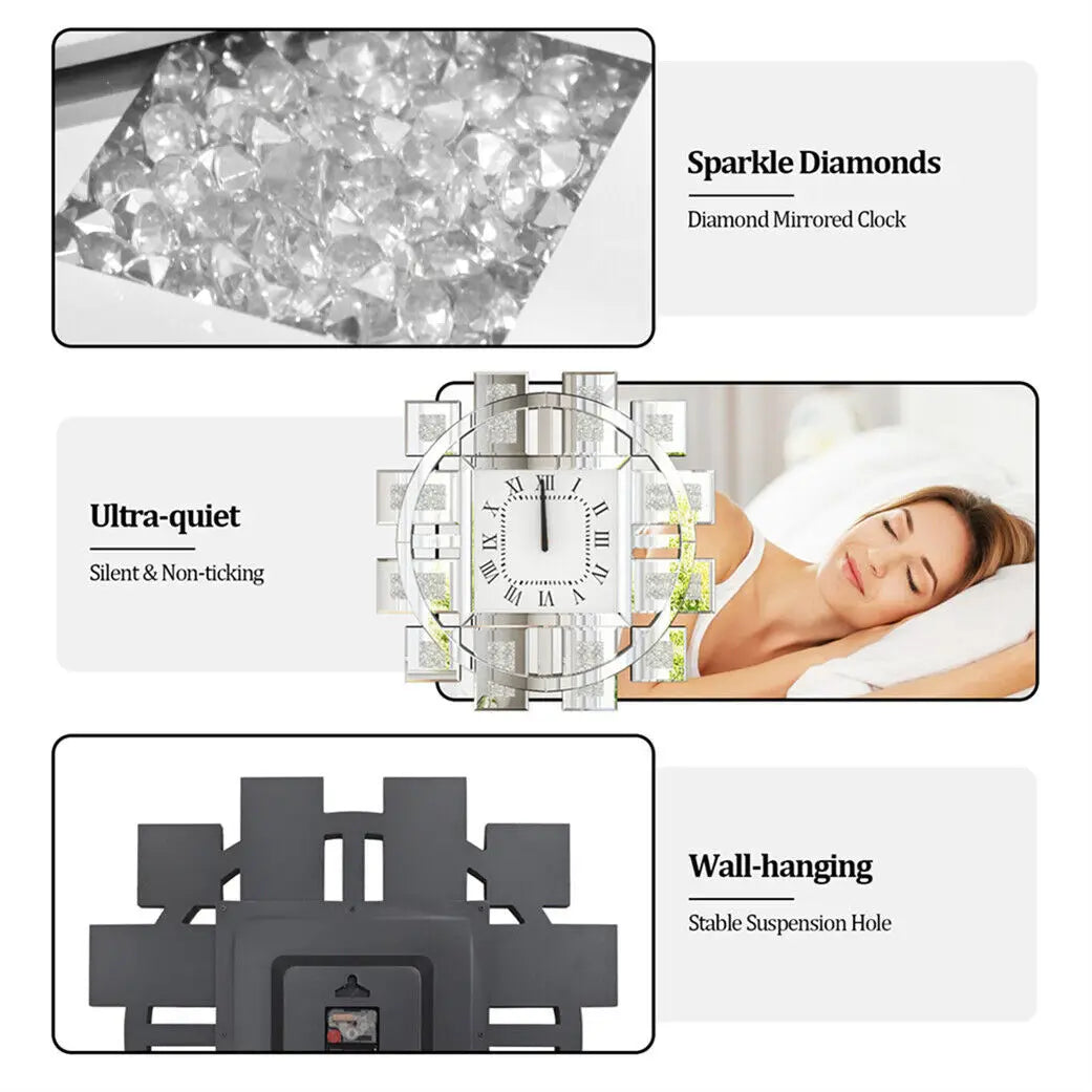 Clock With Crushed Diamond And Beveled Mirror Edge Wall Decor
