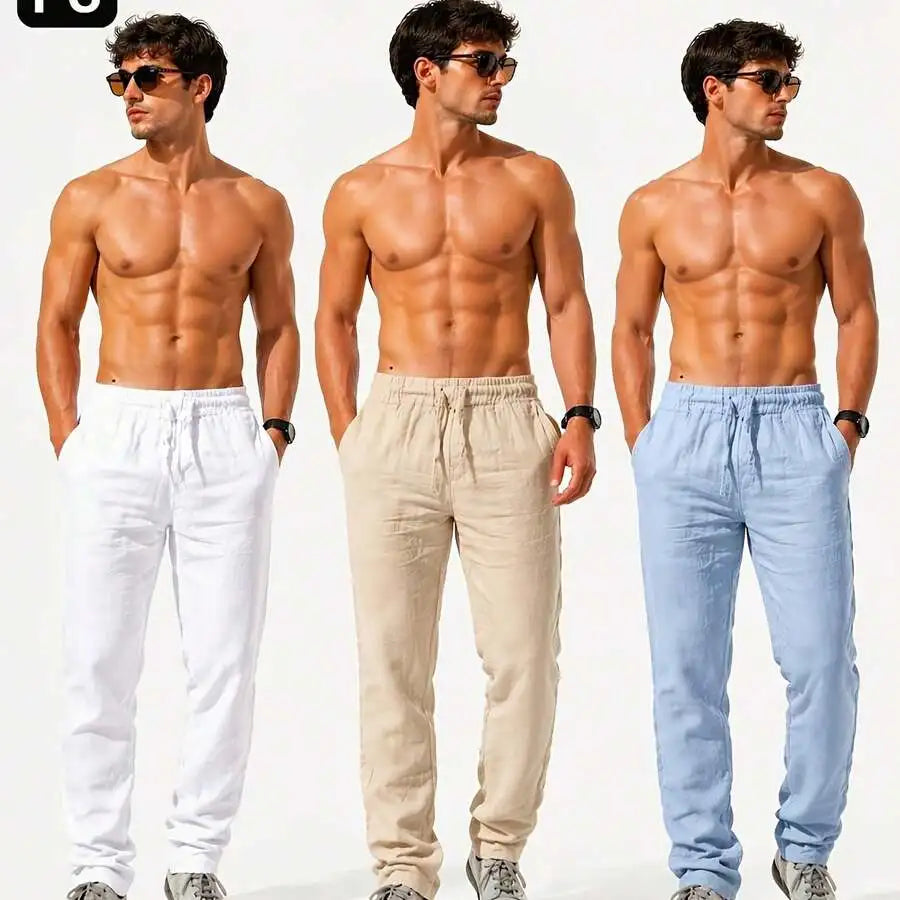 3pcs Men'S Casual Summer Pants, Lightweight Breathable Drawstring Trousers, Loose Fit Solid Color Pants For Daily Wear